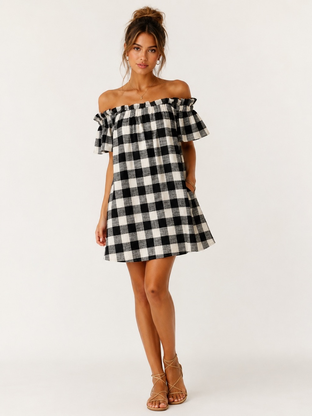 Anthropologie Corey Lynn Calter Off-‎ Shoulder Black & White Gingham Dress Sz. M